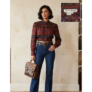Anne Crimmins for Umi Collections Vintage 100% Silk Floral Cropped Blouse Red 8